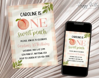 Sweet Peach-verjaardagsuitnodiging: eerste verjaardagsfeestje meisje (sjabloon (5 x 7)