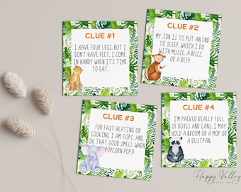 May include: Four jungle animal themed clue cards with a green and brown leafy background. Each card has a different animal and a clue written in orange text. The clues are: "I have four legs, but I don't have feet. I come in handy when it's time to eat."  "My job is to put an end to sleep, which I do with music. A buzz or a beep."  "For fast heating or cooking. I am tops. And, oh, that good smell when popcorn pops!"  "I'm packed really full of boxes and cans. I may hold a broom or a mop or a dustpan."