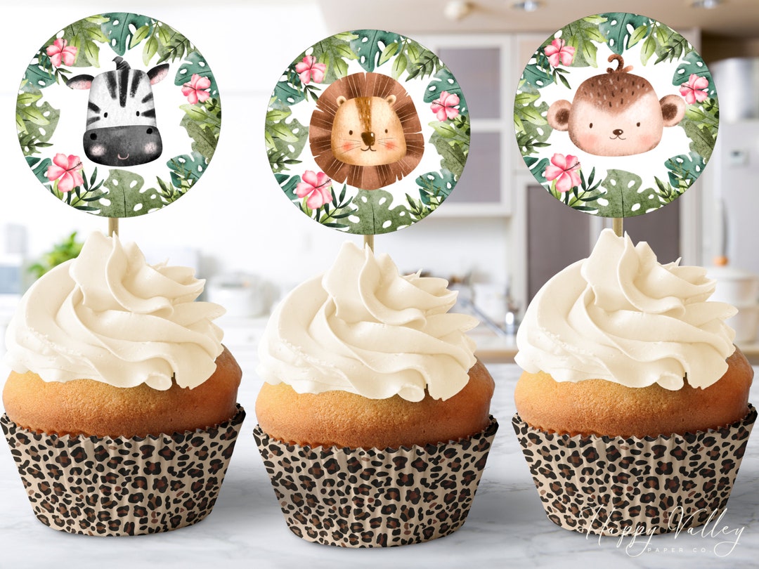 Wild One Birthday Cupcake Toppers, Safari Animals Cupcake Toppers