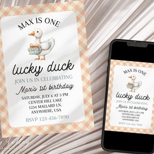 One Lucky Duck Birthday Invitation, One Lucky Duck Invitation Printable, One Lucky Duck Birthday Decor, Duck 1st Birthday | IN-DUCK4