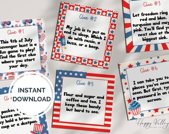 4th of July Scavenger Hunt for Kids: 30 Clue Cards (Instant Download)