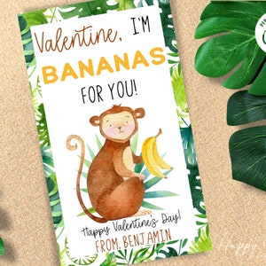 Ich bin Bananen für Sie - Safari Valentine druckbare, Klassenzimmer Valentines, bearbeitbarer Valentinstag Geschenkanhänger, Sofortiger Download|VL-SAFARI1