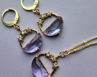 Cubic Zirconia Lilac Faceted Glass Semi-Circle Charm Gold Plated Huggie Hoops | Sparkly CZ Charm | Star Charm | Lilac Glass Charm Necklace