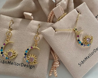 Cubic Zirconia Moon Charm Gold Plated Huggie Hoops | Whimsical | Celestial Charm | Crescent Moon | Sparkly Drop Earrings  | Charm Necklace