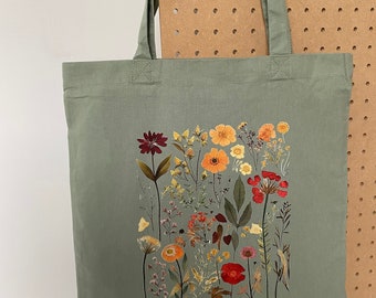 FLORAL GREEN TOTEBAG, pressed flower design, green, corduroy, zip, reusable bag, bag for life, tote bag, gift, gifts for her,gifts for women