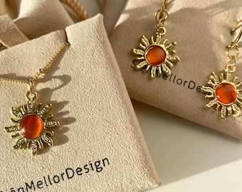 Orange Sun Charm Gold Plated Huggie Hoop Earrings | Sun-themed | Charm Necklace | Summer Jewellery | Sunset Orange | Whimsical | Celestial
