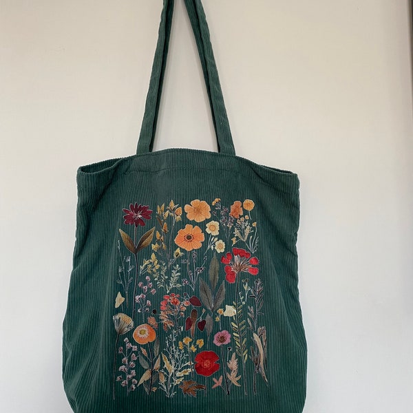 FLORAL GREEN TOTEBAG, pressed flower design, green, corduroy, zip, reusable bag, bag for life, tote bag, gift, gifts for her,gifts for women