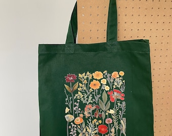 FLORAL GREEN TOTEBAG, pressed flower design, green, corduroy, zip, reusable bag, bag for life, tote bag, gift, gifts for her,gifts for women