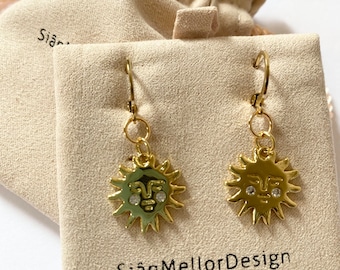 Blushing Sun Charm Gold Plated Huggie Hoop Earrings | Sun-themed | Charm Necklace | Summer Jewellery | Sunshine Face | Whimsical | Celestial