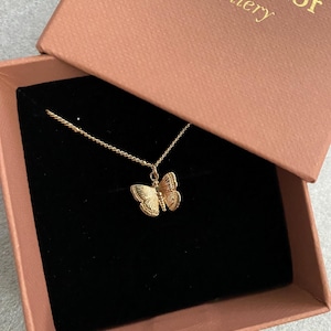 Puede incluir: Un collar con un colgante de mariposa de oro en una caja de joyería de terciopelo negro con las palabras "Ian Mellor Jewellery" en la tapa.