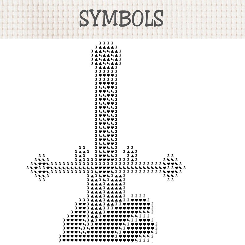 K&ouml;nnte beinhalten: Eine Kreuzstich-Mustervorlage mit dem Titel SYMBOLS in grauer Schrift, die ein schwarz-wei&szlig;es Rasterdesign zeigt. Das Muster besteht aus sich wiederholenden schwarzen Symbolen wie Herzen, Dreiecken und kleinen Fisch-Icons, durchsetzt mit der Zahl 3.