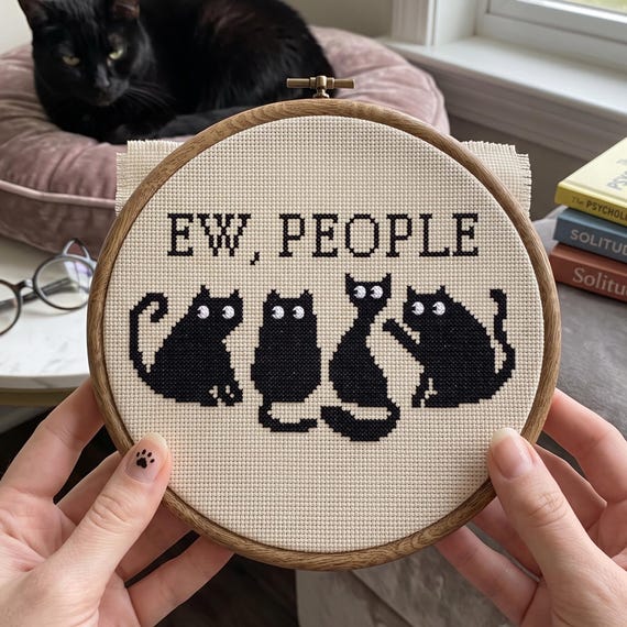 Ew People Black Cat Cross Stitch Pattern, Funny Introvert Embroidery Design, Snarky Cat Lover PDF Download, Modern Subversive Stitch