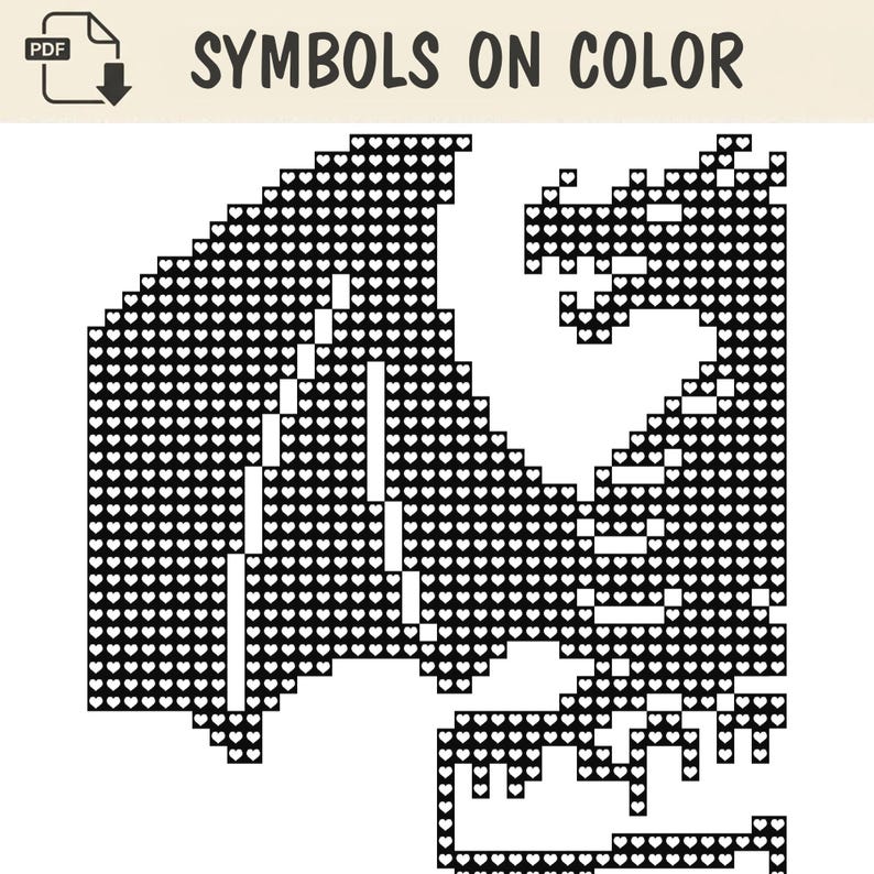 Peut inclure: Un mod&egrave;le PDF num&eacute;rique intitul&eacute; SYMBOLS ON COLOR repr&eacute;sentant la silhouette pixelis&eacute;e d'un dragon compos&eacute;e enti&egrave;rement de petites ic&ocirc;nes de c&oelig;urs noirs sur fond blanc. Le dragon est repr&eacute;sent&eacute; de profil avec les ailes d&eacute;ploy&eacute;es et la t&ecirc;te lev&eacute;e.