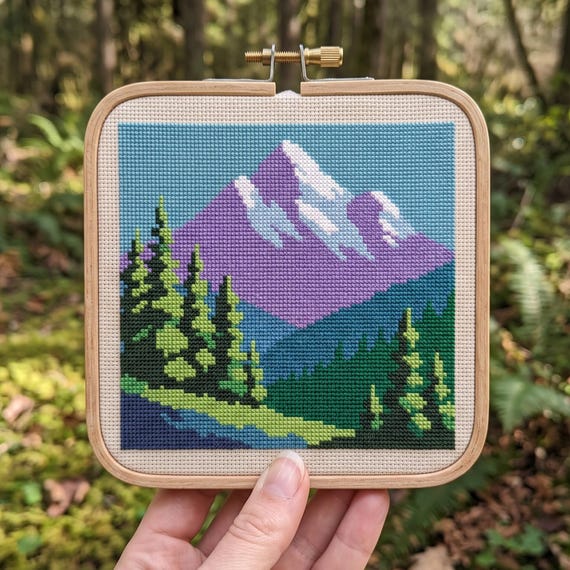 Mountain Peak Cross Stitch Pattern, Snow Capped Alpine Forest Needlepoint Chart, Scenic Nature Landscape Wall Art Craft Download