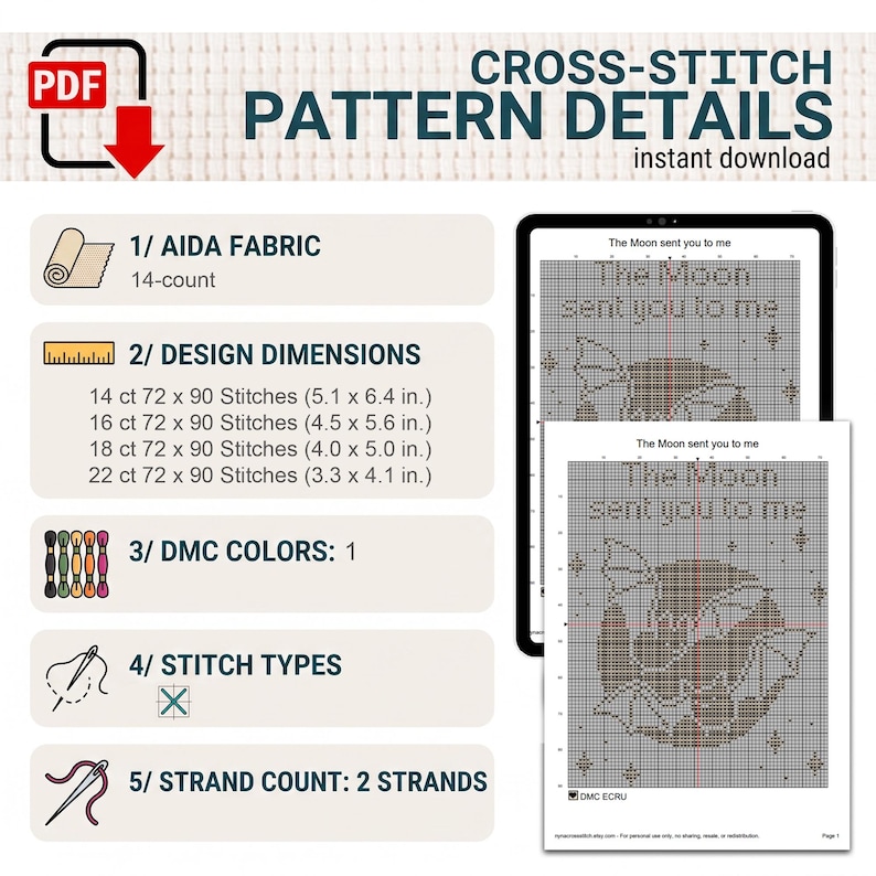 Puede incluir: Un patr&oacute;n de punto de cruz digital titulado The Moon sent you to me, con un gr&aacute;fico de murci&eacute;lago. Los detalles incluyen tela Aida de 14 hilos, dimensiones de 13,0 x 16,3 cm a 8,4 x 10,4 cm, un color DMC, tipos de punto y 2 hebras.