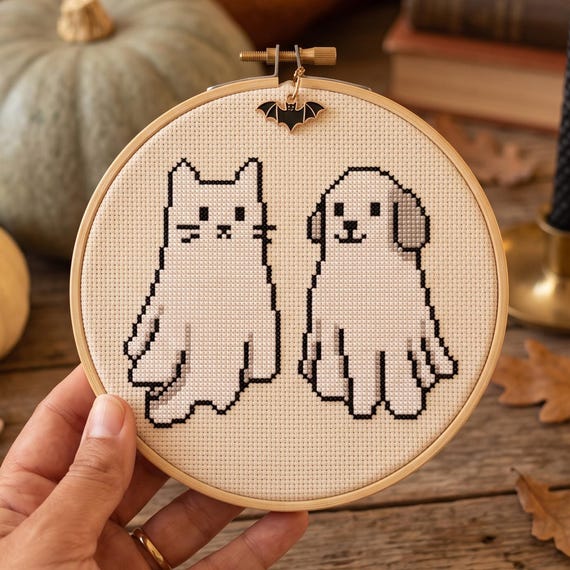 Ghost Cat and Dog Cross Stitch Pattern, Sheet Ghost Pets Spooky Halloween Needlepoint Chart, Digital Download PDF