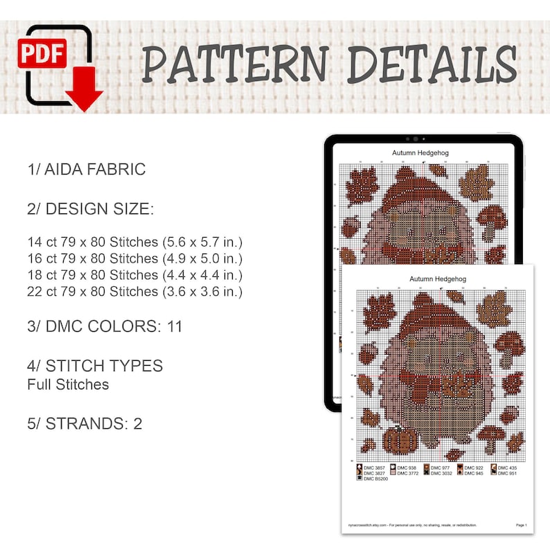 K&ouml;nnte beinhalten: Ein digitales Kreuzstichmuster mit dem Titel Autumn Hedgehog, das einen Igel mit Bl&auml;ttern und Pilzen zeigt. Der Text enth&auml;lt Pattern Details, Aida-Stoff, Designgr&ouml;&szlig;en von 14ct bis 22ct, 11 DMC-Farben, ganze Stiche und 2 F&auml;den.
