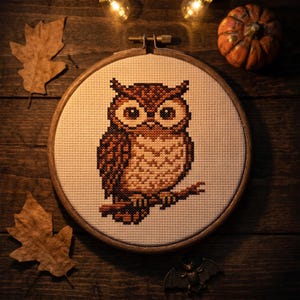 May include: A circular wooden embroidery hoop containing a cross-stitch pattern of a brown and tan owl perched on a branch. The owl features large, round eyes and detailed feather stitching against a white fabric background, framed by the hoop.