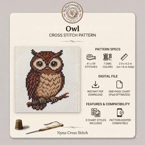 May include: A digital cross stitch pattern featuring a brown owl perched on a branch. The design includes 41 by 59 stitches, 7 DMC colors, and measures 2.9 by 4.2 inches on 14 count Aida. Includes an instant PDF download, one-page chart, and is Pattern Keeper compatible.