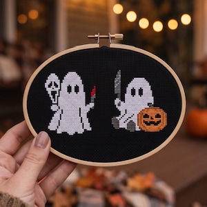 Korsstygnsmönster med spöke och blodig kniv, spökmask, Jack O'Lantern-nålstygn, direktnedladdning bild 1