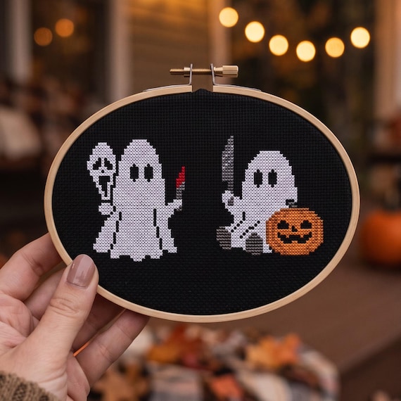 Horror Ghost Cross Stitch Pattern, Ghostface Mask Bloody Knife Jack O Lantern Needlepoint, Instant Download