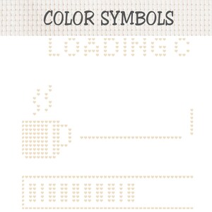 May include: A cross-stitch pattern chart on white Aida fabric featuring the text COLOR SYMBOLS at the top. Below, a loading bar design is composed of small beige hearts, including a coffee mug icon with steam and a horizontal progress bar.
