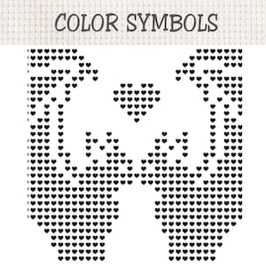 Puede incluir: Un patr&oacute;n de punto de cruz titulado COLOR SYMBOLS con un dise&ntilde;o de cuadr&iacute;cula en blanco y negro. El patr&oacute;n muestra dos manos sim&eacute;tricas que se elevan hacia una forma de coraz&oacute;n central, todo construido con peque&ntilde;os iconos de corazones negros.