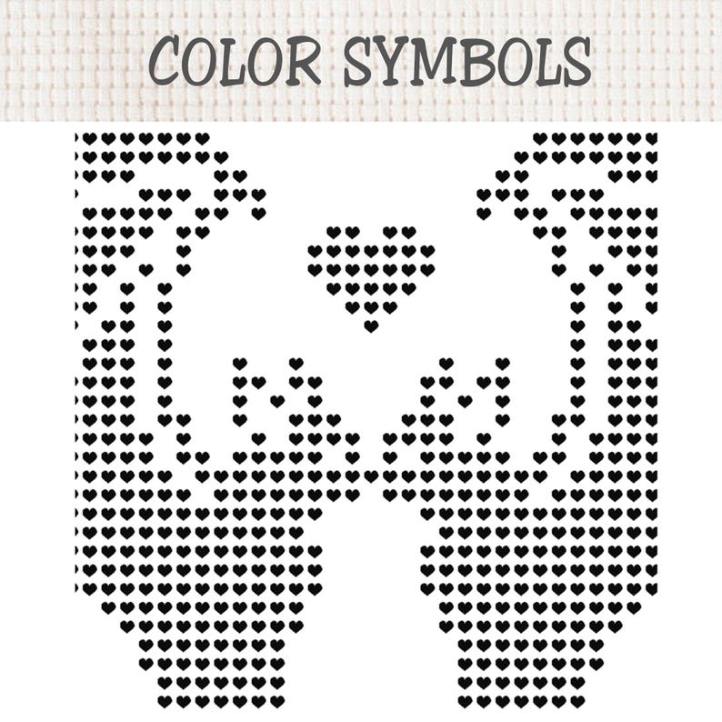 Puede incluir: Un patr&oacute;n de punto de cruz titulado COLOR SYMBOLS con un dise&ntilde;o de cuadr&iacute;cula en blanco y negro. El patr&oacute;n muestra dos manos sim&eacute;tricas que se elevan hacia una forma de coraz&oacute;n central, todo construido con peque&ntilde;os iconos de corazones negros.