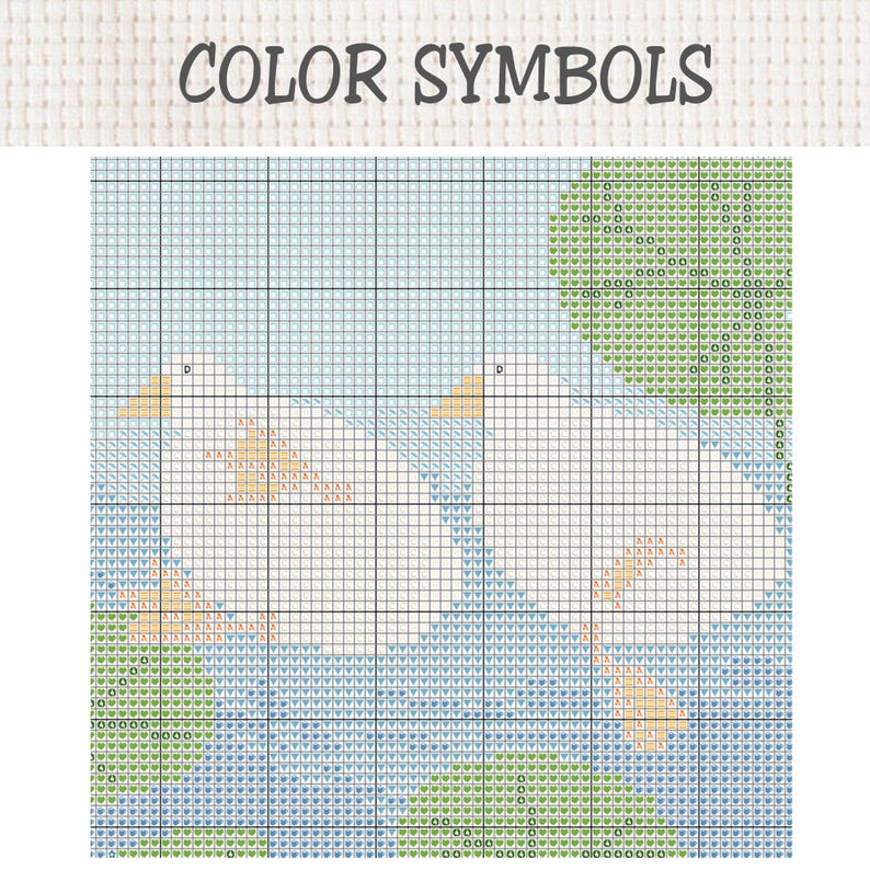 K&ouml;nnte beinhalten: Ein Kreuzstichmuster mit der &Uuml;berschrift COLOR SYMBOLS zeigt zwei wei&szlig;e V&ouml;gel vor einem hellblauen Hintergrund mit gr&uuml;nen, kreisf&ouml;rmigen Blattelementen. Das Rasterdesign verwendet verschiedene Symbole zur Angabe der Garnfarben.