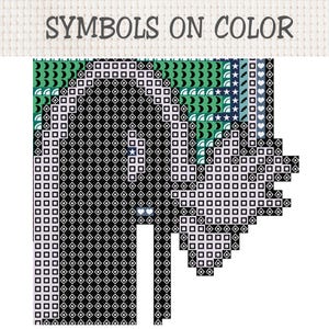 K&ouml;nnte beinhalten: Ein Kreuzstichmuster-Diagramm mit dem Titel SYMBOLS ON COLOR, das ein Gitter aus schwarzen, wei&szlig;en und gr&uuml;nen Quadraten zeigt. Das Design enth&auml;lt geometrische Symbole wie Rauten, Quadrate, Sterne, Herzen und Halbmonde in einem Raster.
