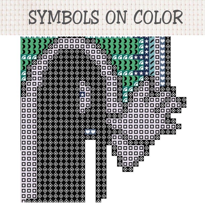 K&ouml;nnte beinhalten: Ein Kreuzstichmuster-Diagramm mit dem Titel SYMBOLS ON COLOR, das ein Gitter aus schwarzen, wei&szlig;en und gr&uuml;nen Quadraten zeigt. Das Design enth&auml;lt geometrische Symbole wie Rauten, Quadrate, Sterne, Herzen und Halbmonde in einem Raster.