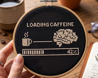 Kreuzstichmuster „Ladevorgang Koffein“ (PDF) | Stickvorlage „Fortschrittsanzeige Kaffee-Gehirn“ | Sofort-Download