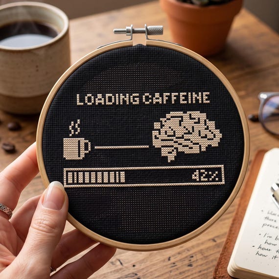 Loading Caffeine Cross Stitch Pattern PDF | Coffee Brain Progress Bar Needlepoint Chart | Instant Download