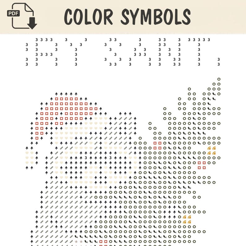 May include: A cross-stitch pattern chart titled COLOR SYMBOLS featuring a grid of numbers and icons. The design depicts a Santa Claus figure with a hat and beard, alongside a pine tree, using various symbols like squares, circles, and arrows.