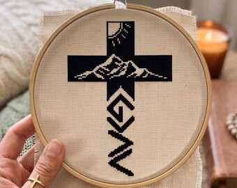 Kristet korsstygnsmönster, Gud är större än topparna och dalarna, bergskors, minimalistisk trosbroderi, religiös PDF-nedladdning