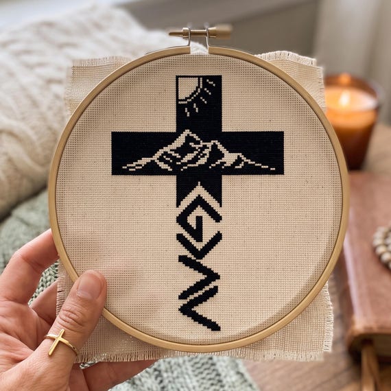Christian Cross Stitch Pattern, God is Greater Than The Highs and Lows, Mountain Cross, Minimalist Faith Embroidery, Religious PDF Download