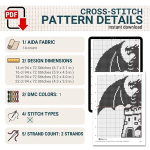 Peut inclure: Une fiche de d&eacute;tails pour mod&egrave;le de point de croix repr&eacute;sentant un dragon. Elle indique une toile Aida 14, les dimensions du motif en pouces pour divers comptes, une couleur DMC, les types de points et l'utilisation de 2 brins. Ic&ocirc;ne PDF incluse.