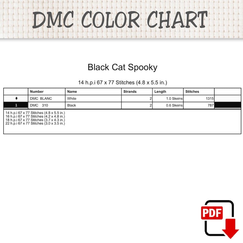 May include: A DMC color chart for a Black Cat Spooky cross stitch pattern. The table lists DMC Blanc and DMC 310 threads with strand counts, skein lengths, and stitch totals. It includes dimensions for 14, 16, 18, and 22 h.p.i. in inches.