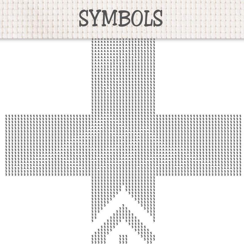 Peut inclure: Un diagramme de point de croix avec le mot SYMBOLS en police gris fonc&eacute; en haut, plac&eacute; sur une grille de tissu blanc. Le motif se compose d'un agencement r&eacute;p&eacute;titif des caract&egrave;res noirs 5 et A formant une forme de croix sur le tissu.