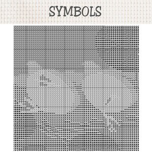 K&ouml;nnte beinhalten: Ein schwarz-wei&szlig;es Kreuzstichmuster-Diagramm mit der &Uuml;berschrift SYMBOLS am oberen Rand. Das Raster ist in Abschnitte unterteilt, die mit verschiedenen geometrischen Formen, Buchstaben und Symbolen wie Herzen, Dreiecken, Quadraten und Kreisen gef&uuml;llt sind.