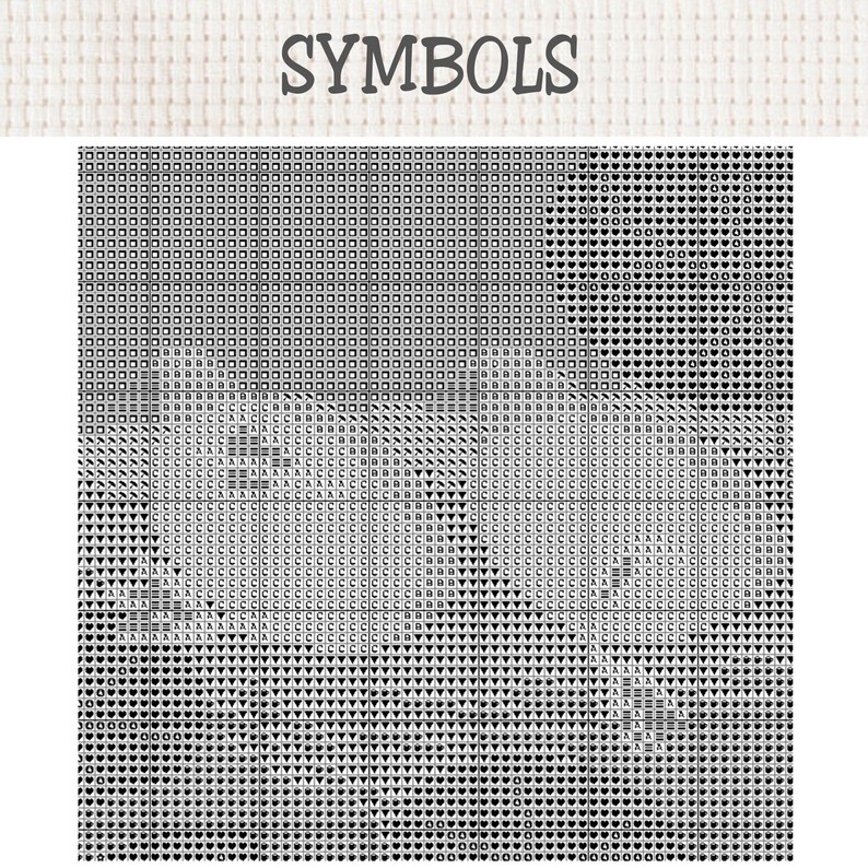 K&ouml;nnte beinhalten: Ein schwarz-wei&szlig;es Kreuzstichmuster-Diagramm mit der &Uuml;berschrift SYMBOLS am oberen Rand. Das Raster ist in Abschnitte unterteilt, die mit verschiedenen geometrischen Formen, Buchstaben und Symbolen wie Herzen, Dreiecken, Quadraten und Kreisen gef&uuml;llt sind.