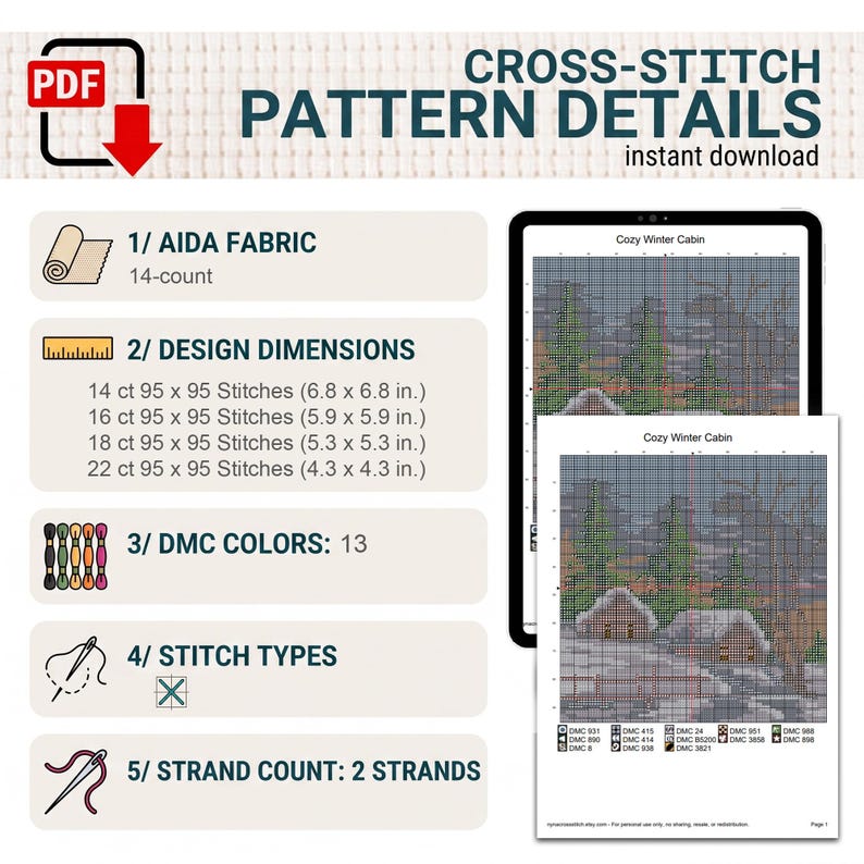 Korsstygnsmönster för vinter, snöig tallskog, digital PDF-nedladdning, naturlandskap xStitch bild 3