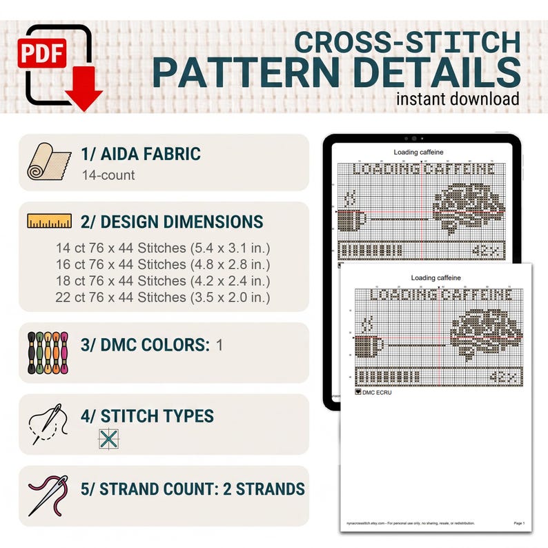May include: A digital cross-stitch pattern titled Loading Caffeine featuring a coffee cup, a brain icon, and a progress bar at 42%. The document lists 14-count Aida fabric, design dimensions in cm for various counts, one DMC colour, and two strands.
