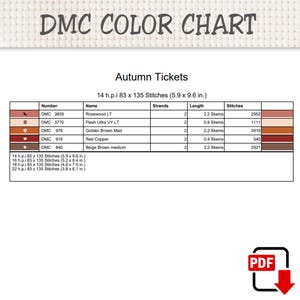 May include: A DMC color chart for Autumn Tickets featuring a table with thread numbers, names, strand counts, skein lengths, and stitch counts. It lists dimensions for 14, 16, 18, and 22 h.p.i. fabric in inches and includes a PDF download icon.