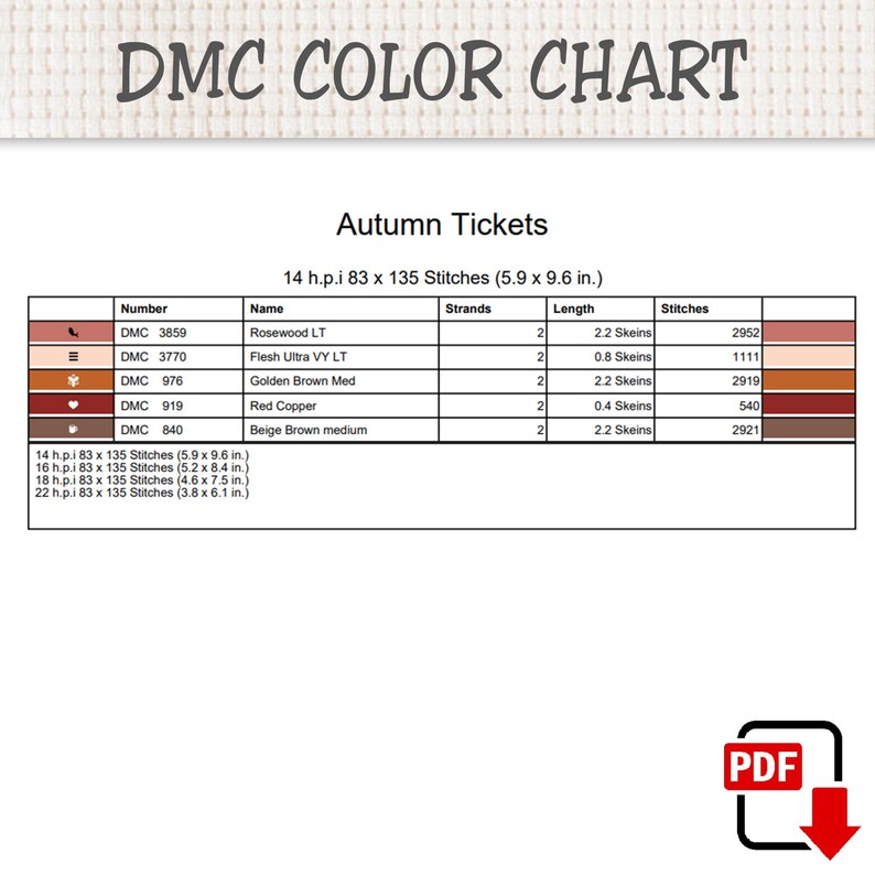 May include: A DMC color chart for Autumn Tickets featuring a table with thread numbers, names, strand counts, skein lengths, and stitch counts. It lists dimensions for 14, 16, 18, and 22 h.p.i. fabric in inches and includes a PDF download icon.