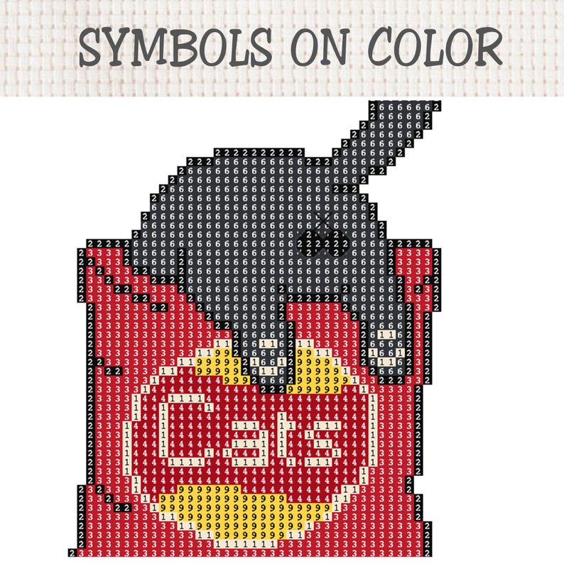 K&ouml;nnte beinhalten: Ein Diamond-Painting-Muster mit dem Text SYMBOLS ON COLOR am oberen Rand. Das Design zeigt eine dunkelgraue Katzenform &uuml;ber einem rot-gelben herzf&ouml;rmigen Bereich, der mit Rasterquadraten gef&uuml;llt ist, die mit den Zahlen 1, 2, 3, 4, 6 und 9 markiert sind.