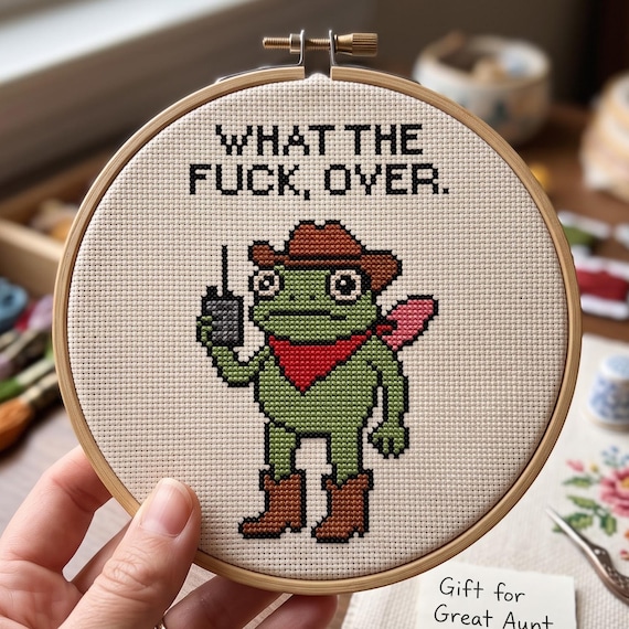 What The Fuck Over Frog Cross Stitch Pattern PDF | Cowgirl Frog Walkie Talkie Needlepoint Chart | Sarcastic Humor Digital Download