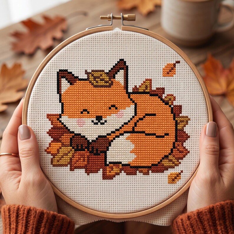 May include: A circular wooden embroidery hoop containing a cross-stitch pattern of a curled-up orange fox resting among brown and yellow autumn leaves on white fabric. The fox has a white muzzle, black eyes, and a small black nose.