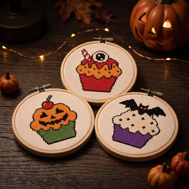 Puede incluir: Tres bastidores de bordado circulares de madera con dise&ntilde;os de punto de cruz de cupcakes con tem&aacute;tica de Halloween. Uno muestra un cupcake rojo con un globo ocular, otro un cupcake con forma de calabaza y otro un cupcake morado con un murci&eacute;lago.