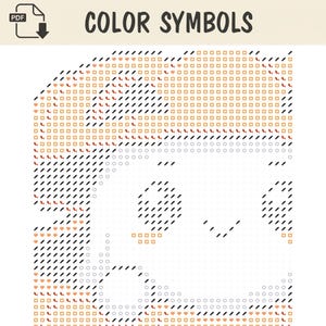 May include: A cross stitch pattern chart titled COLOR SYMBOLS featuring a grid of black, orange, and grey symbols including slashes, squares, hearts, and circles. The design outlines a character with hair and facial features on a white background.